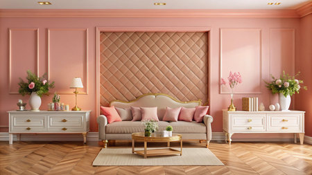 Elegant living room with pink walls, a tufted wall, and a beige sofa.の素材