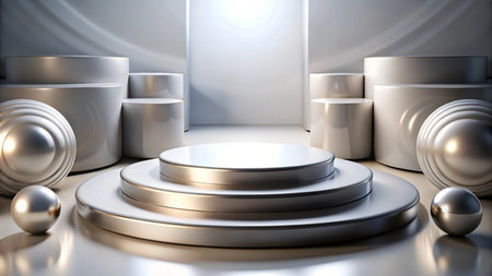 Minimalist white and silver podium with spheres, perfect for product display.の素材