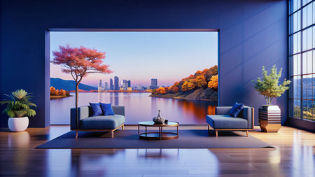 Modern living room with large window overlooking city skyline and lake.の素材