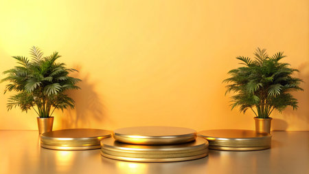 Three gold podiums on a reflective surface with two palm trees on either side in front of a yellow wall.の素材