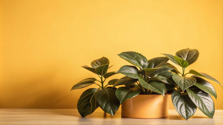 Two potted plants with vibrant green leaves on a wooden surface against a bright yellow wall.の素材