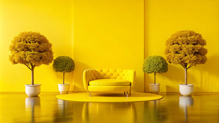 Yellow armchair in a yellow room with potted plants.の素材