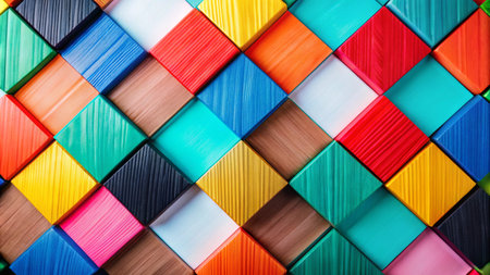 Colorful wooden squares arranged in a geometric pattern.の素材