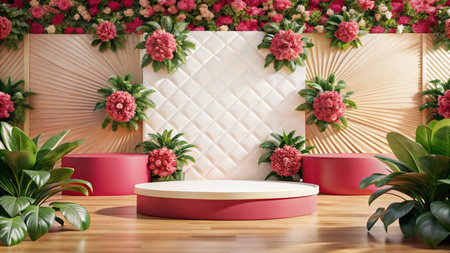 A minimalist white podium surrounded by pink flowers and foliage, perfect for showcasing your products or designs.の素材