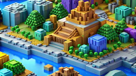 A 3D rendered image of a colorful cityscape, with a large building in the center.の素材