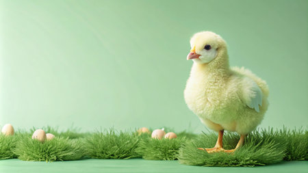 A fluffy yellow chick standing in grass with eggs in front of a green background.の素材