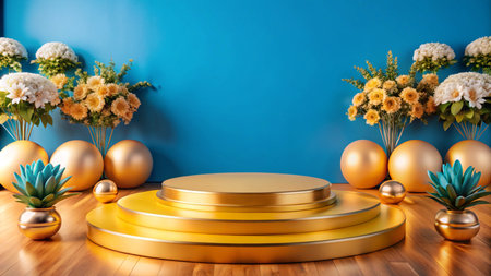 Gold podium with blue background and flowers for product display.の素材