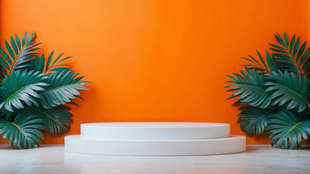 White podium with two palm leaves on an orange wall for product display.の素材