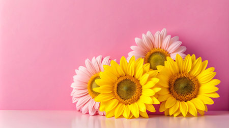 A group of sunflowers in shades of yellow and pink against a solid pink background.の素材