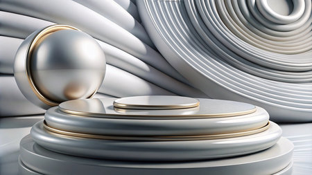 Abstract 3D podium with gold accents and sphere for product display.の素材