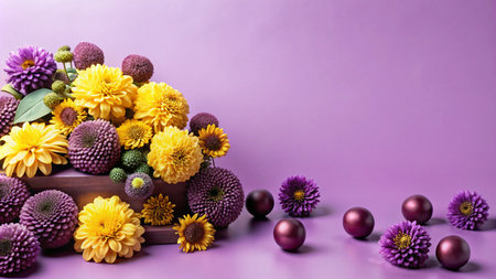 Purple and yellow flowers on a purple background with space for text.の素材