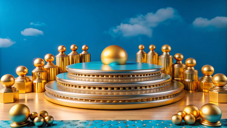 A 3D rendering of a circular podium with a gold sphere on top, surrounded by golden spheres and pillars.の素材