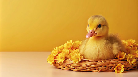 A fluffy yellow duckling sits in a wicker basket surrounded by yellow flowers on a bright yellow background.の素材
