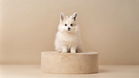 Adorable white puppy sitting on a tan platform, looking directly at the camera.の素材