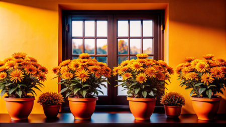 A row of potted yellow flowers sit on a windowsill, with the sun shining on the wall behind.の素材