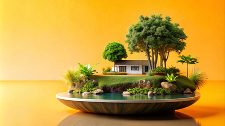 A miniature house with trees and grass on a small island on a yellow background.の素材