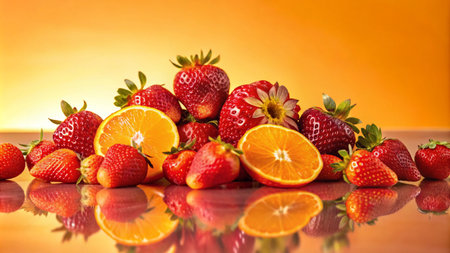 A vibrant pile of strawberries and orange slices against a warm orange background.の素材