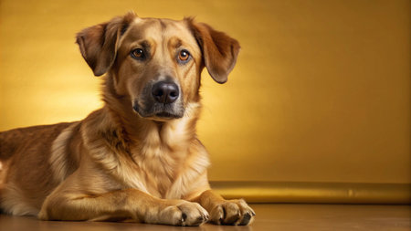 A brown dog with brown eyes lying down against a gold background, looking at the camera.の素材