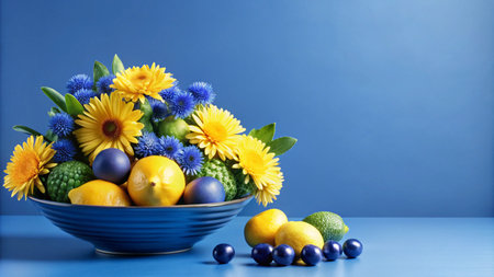 Yellow and blue lemons, limes, and flowers in a blue bowl on a blue background.の素材