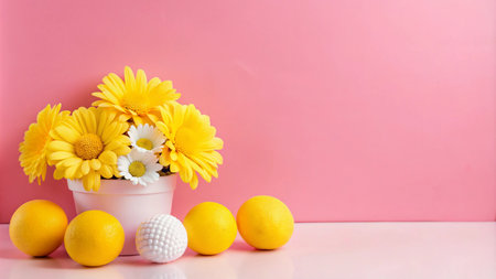 Yellow flowers in white pot with lemons on pink background.の素材