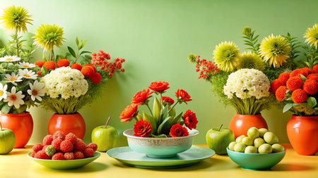 A vibrant still life featuring three flower arrangements, a bowl of red roses, apples, and berries on a yellow background.の素材