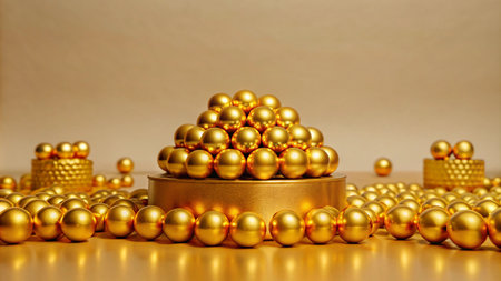 A pile of golden spheres arranged in a pyramid shape, with smaller piles of spheres on either side.の素材