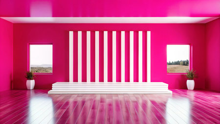 Minimalist pink room interior with a white stage and two windows.の素材