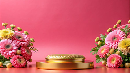 Gold podium with pink and yellow flowers on a pink background.の素材