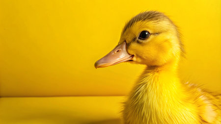 Close-up portrait of a yellow duckling against a yellow background.の素材