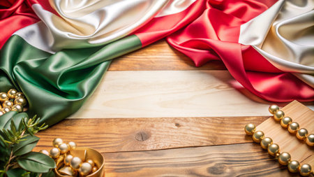 Italian flag draped on wooden background with gold ornaments and greenery.の素材
