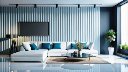 Modern living room with white sectional sofa, blue accent pillows, and a black coffee table. The room features a large window and a blue and black wall with a framed artwork above the sofa.の素材