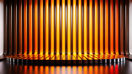 Abstract futuristic background with glowing orange stripes and a circular platform.の素材