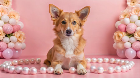 A cute brown and white dog sits in front of a pink background with pearl beads and floral decorations.の素材