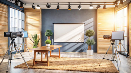 Modern studio with blank projector screen, professional camera equipment, plants, and natural light.の素材