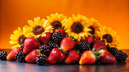 A cluster of ripe red strawberries and blackberries with sunflowers on a dark grey surface against a bright orange background.の素材