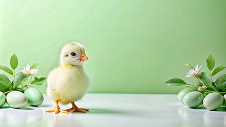 A cute baby chick stands between two arrangements of green Easter eggs and white blossoms on a light green background.の素材