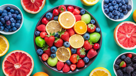 A plate of fresh fruits - strawberries, cherries, blueberries, lemons, and grapefruit, on a turquoise background.の素材