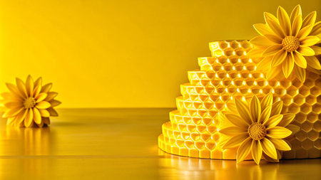 Honeycomb pattern with yellow flowers against a bright yellow background.の素材