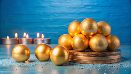 Golden spheres on a wooden stand with candles on a blue background.の素材