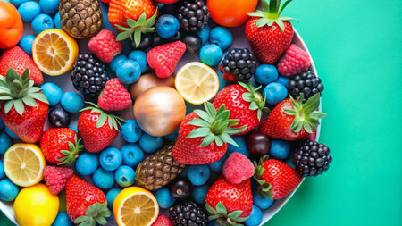 A colorful platter of fresh fruits, including strawberries, blueberries, raspberries, blackberries, lemons, and pineapples, on a green background.の素材