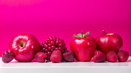 A row of red apples, strawberries, and grapes on a white surface against a bright pink background.の素材