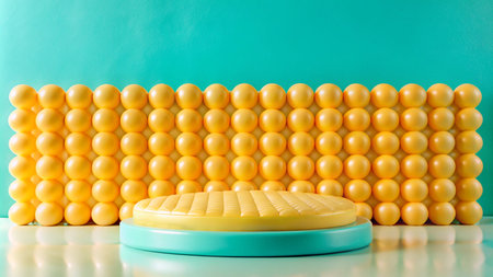 Yellow round podium with sphere backdrop against blue background.の素材