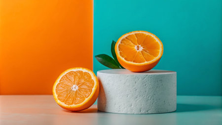 Two halves of an orange on a white podium against an orange and blue background.の素材
