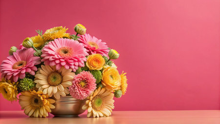 A vibrant bouquet of pink, yellow, and cream gerbera daisies in a silver vase, arranged on a table against a pink background.の素材