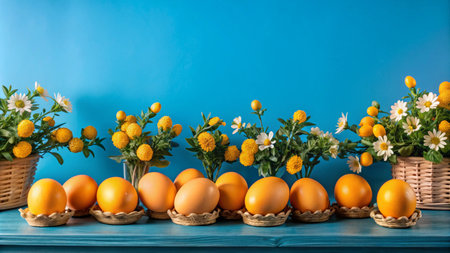 Yellow Easter eggs in nests and spring flowers against a blue background.の素材