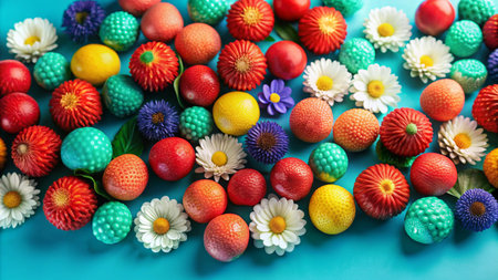 Colorful Easter eggs with flowers on a blue background.の素材