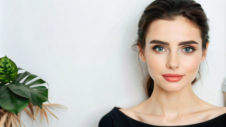 Portrait of a young woman with beautiful eyes and a soft smile against a white background.の素材