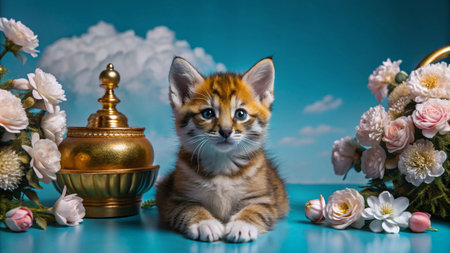 A cute tabby kitten with blue eyes sits between two bouquets of white flowers and a golden decorative jar against a blue background with a white cloud.の素材