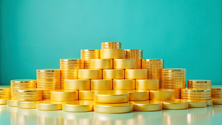 A pyramid of gold coins against a teal background.の素材
