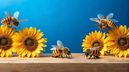 Four bees on a wooden surface with sunflowers on a blue background.の素材
